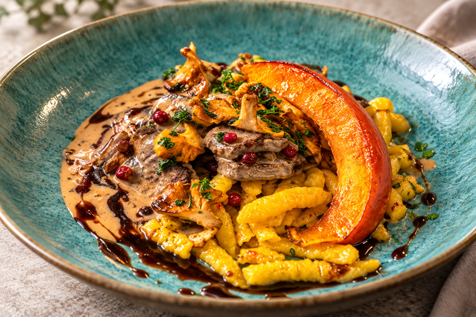 Reh-Geschnetzeltes mit Preiselbeeren und Kürbis-Spätzli