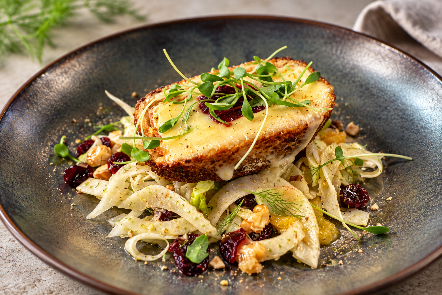 Panierter Tomme mit Fenchel-Mango-Salat